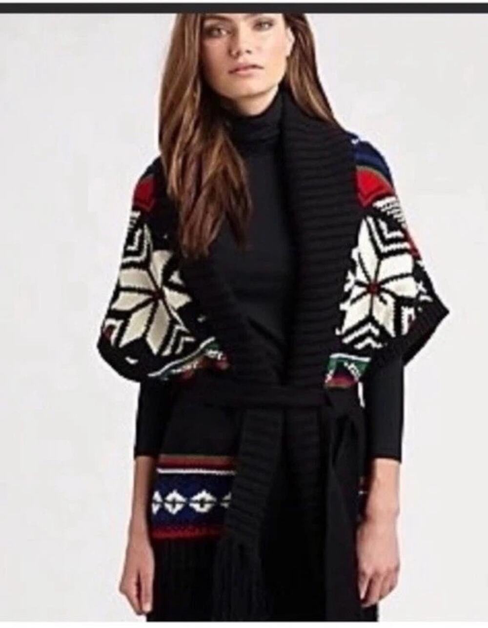 VTG Ralph Lauren Fair Isle Cardigan Fringe Collton/wool Women's XS Open Tie Cape